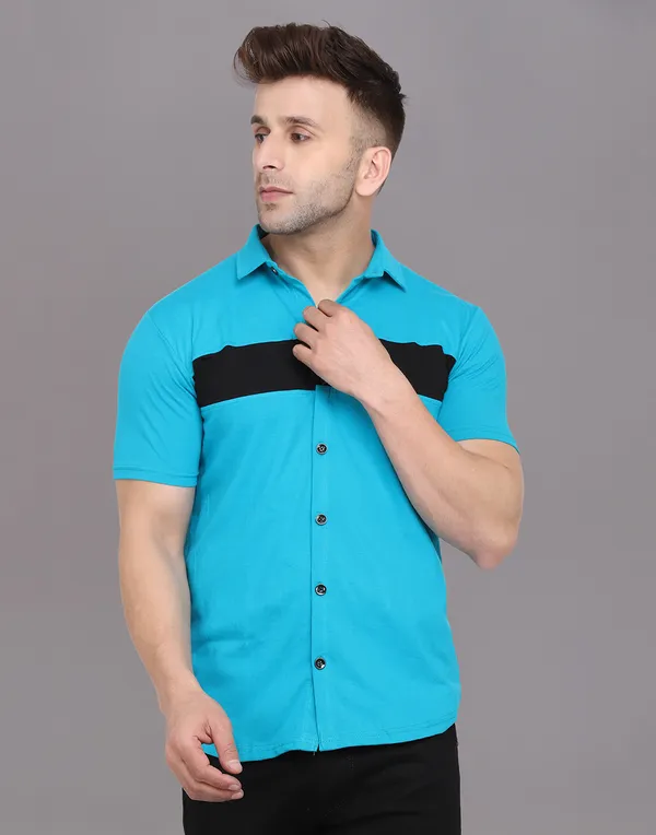 Turquoise_Cotton_Blend_Spread_Collar_Half_Sleeve_Shirt_For_Men
