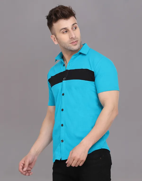Turquoise_Cotton_Blend_Spread_Collar_Half_Sleeve_Shirt_For_Men