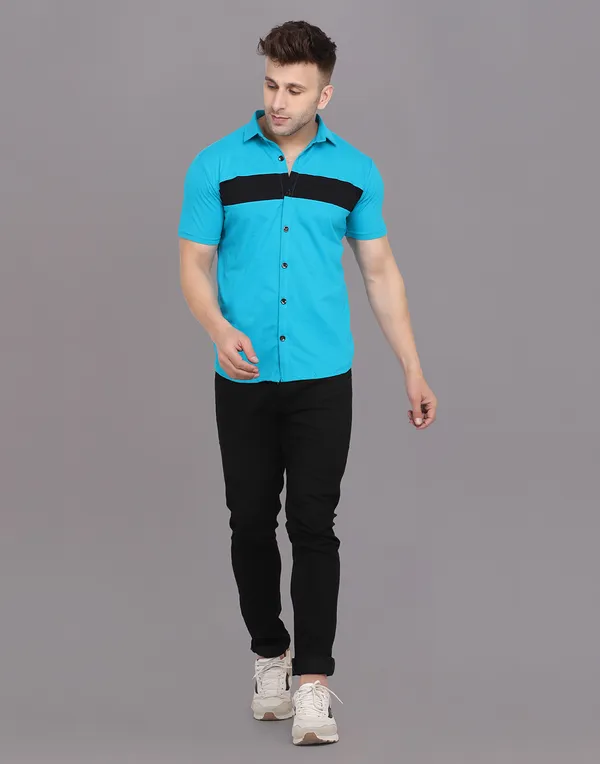 Turquoise_Cotton_Blend_Spread_Collar_Half_Sleeve_Shirt_For_Men