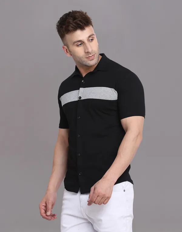 Black_Half_Sleeve_Cotton_Blend_Spread_Collar_Shirt_For_Men