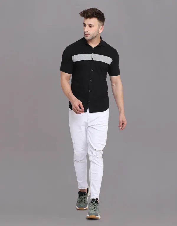Black_Half_Sleeve_Cotton_Blend_Spread_Collar_Shirt_For_Men