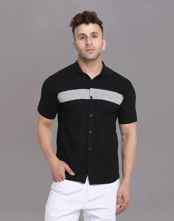 Black_Half_Sleeve_Cotton_Blend_Spread_Collar_Shirt_For_Men