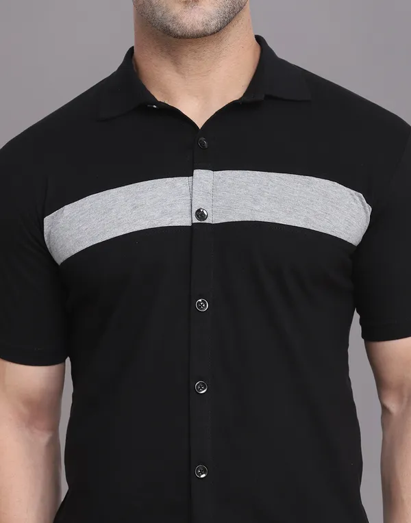 Black_Half_Sleeve_Cotton_Blend_Spread_Collar_Shirt_For_Men