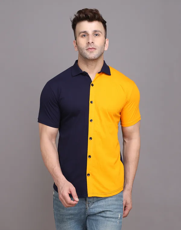 Dark_Blue_&_Yellow_Cotton_Blend_Spread_Collar_Half_Sleeve_Shirt_For_Men