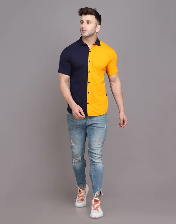 Dark_Blue_&_Yellow_Cotton_Blend_Spread_Collar_Half_Sleeve_Shirt_For_Men