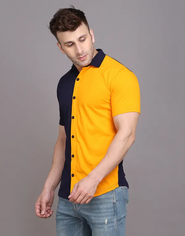 Dark_Blue_&_Yellow_Cotton_Blend_Spread_Collar_Half_Sleeve_Shirt_For_Men