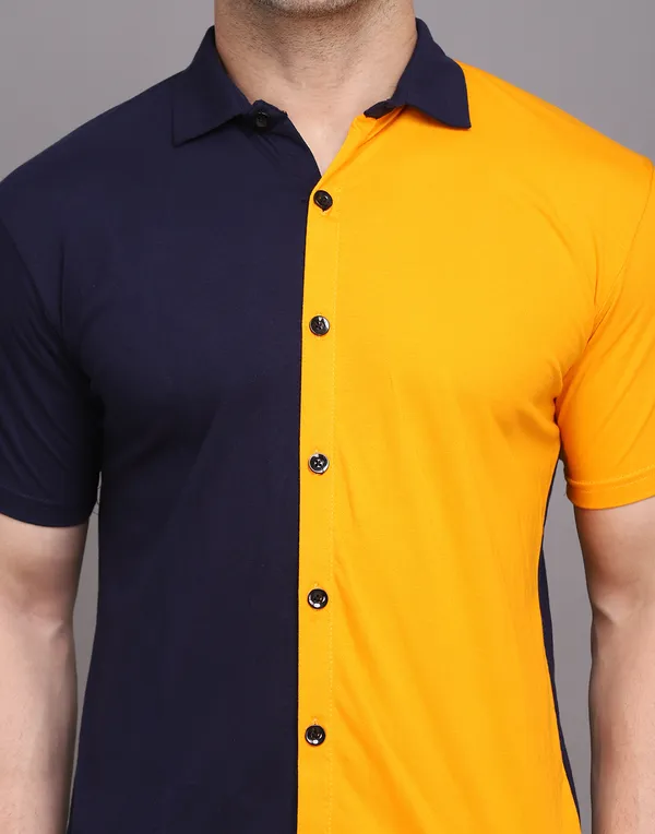 Dark_Blue_&_Yellow_Cotton_Blend_Spread_Collar_Half_Sleeve_Shirt_For_Men
