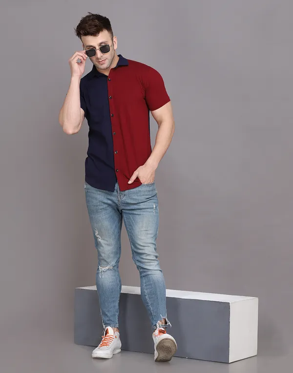 Dark_Blue_&_Maroon_Cotton_Blend_Spread_Collar_Half_Sleeve_Shirt_For_Men