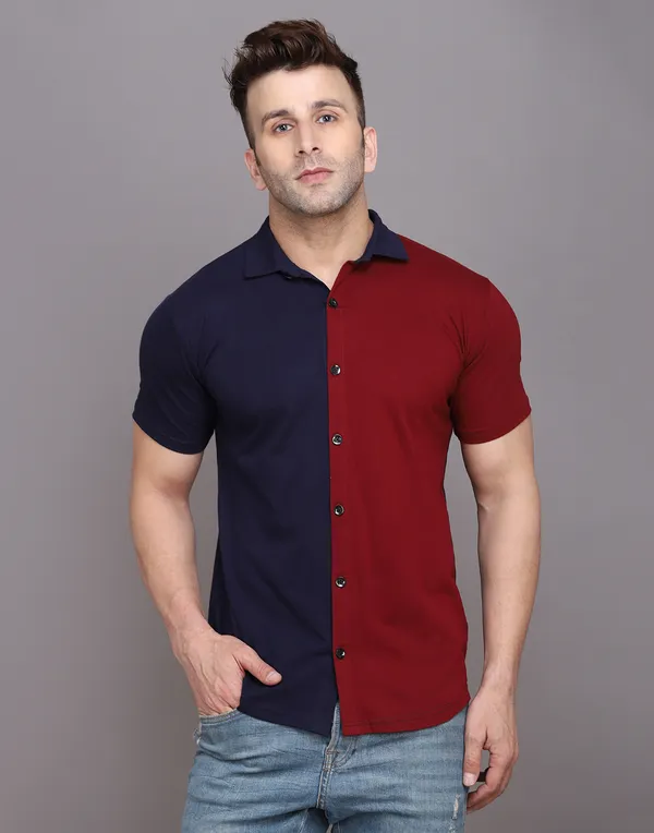 Dark_Blue_&_Maroon_Cotton_Blend_Spread_Collar_Half_Sleeve_Shirt_For_Men