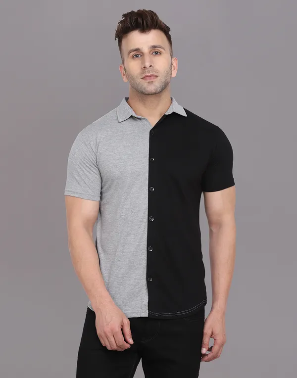 Silver_&_Black_Cotton_Blend_Spread_Collar_Half_Sleeve_Shirt_For_Men