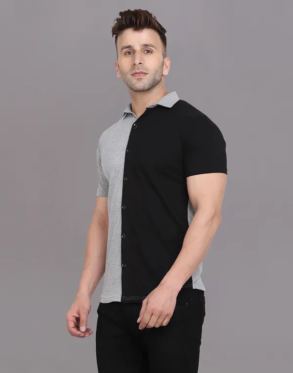 Silver_&_Black_Cotton_Blend_Spread_Collar_Half_Sleeve_Shirt_For_Men
