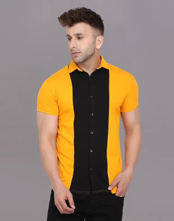Yellow_&_Black_Cotton_Blend_Spread_Collar_Half_Sleeve_Shirt_For_Men