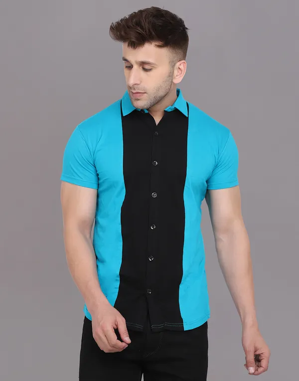 Turquoise_&_Black_Cotton_Blend_Spread_Collar_Half_Sleeve_Shirt_For_Men