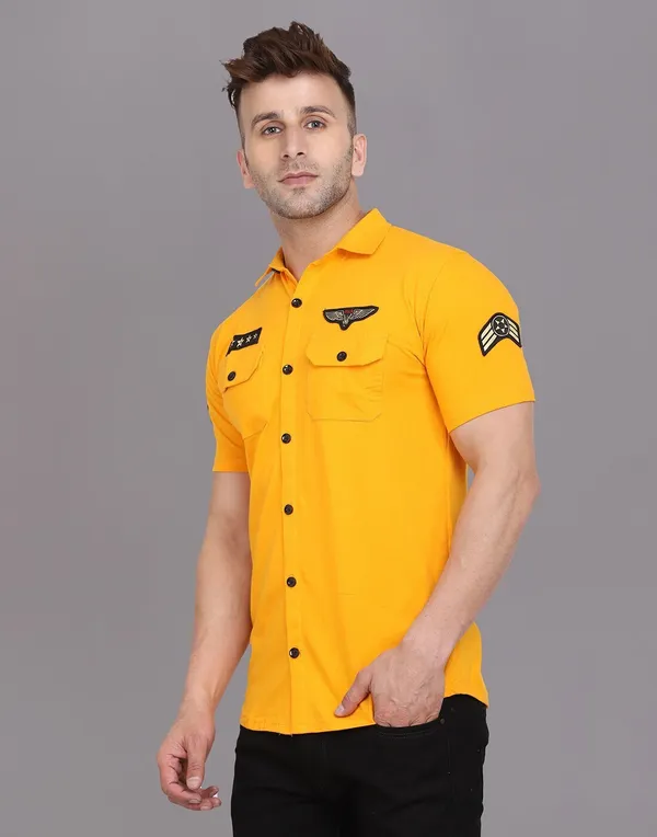 Yellow_Cotton_Blend_Spread_Collar_Half_Sleeve_Shirt_For_Men