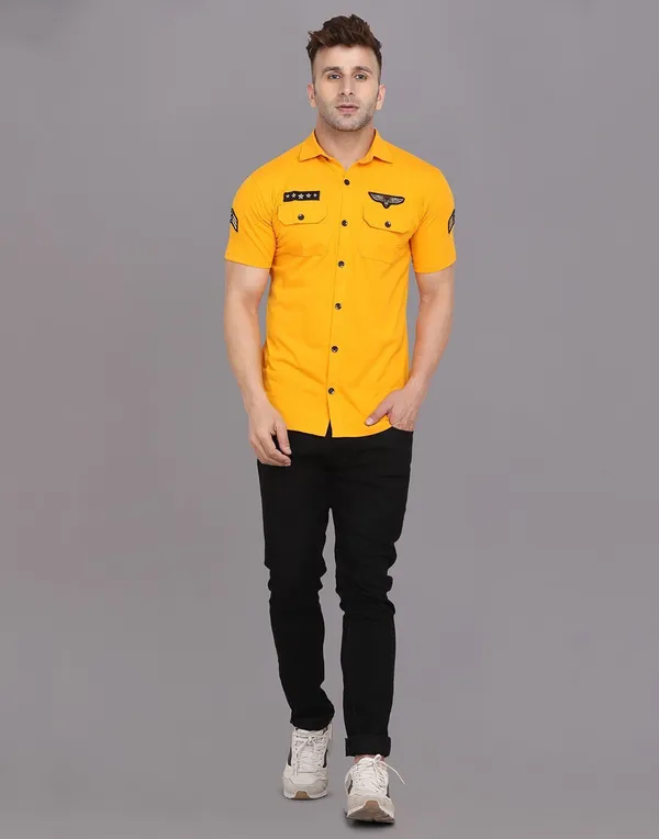 Yellow_Cotton_Blend_Spread_Collar_Half_Sleeve_Shirt_For_Men