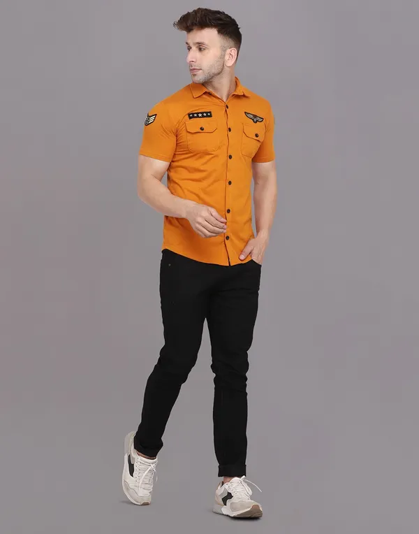 Mustard_Cotton_Blend_Spread_Collar_Half_Sleeve_Shirt_For_Men