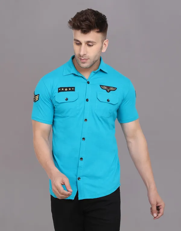 Turquoise_Cotton_Blend_Spread_Collar_Half_Sleeve_Shirt_For_Men