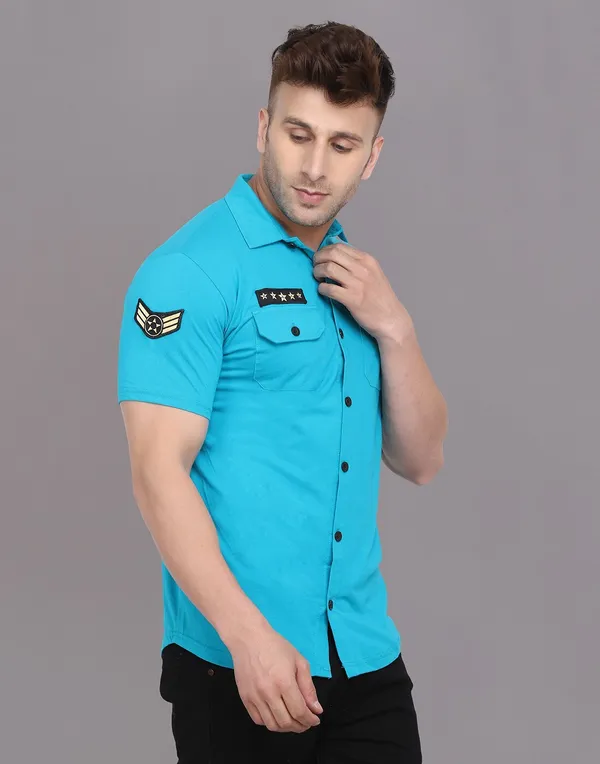 Turquoise_Cotton_Blend_Spread_Collar_Half_Sleeve_Shirt_For_Men