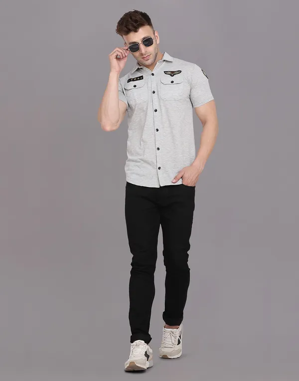 Silver_Cotton_Blend_Spread_Collar_Half_Sleeve_Shirt_For_Men