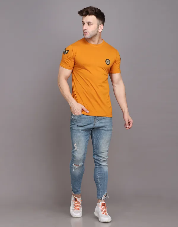 Mustard_Cotton_Blend_Round_Neck_Half_Sleeve_T_Shirt_For_Men