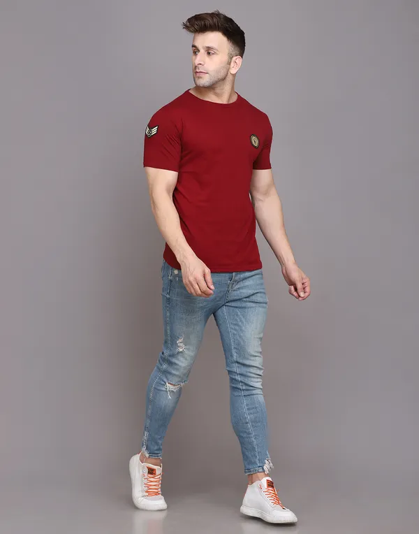 Maroon_Cotton_Blend_Round_Neck_Half_Sleeve_T_Shirt_For_Men