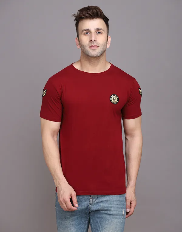 Maroon_Cotton_Blend_Round_Neck_Half_Sleeve_T_Shirt_For_Men