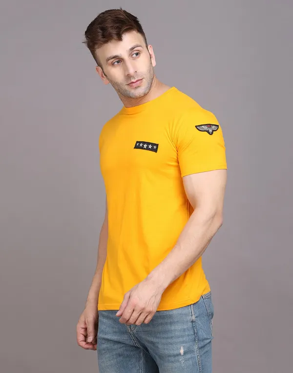 Yellow_Cotton_Blend_Round_Neck_Half_Sleeve_T-Shirt_For_Men