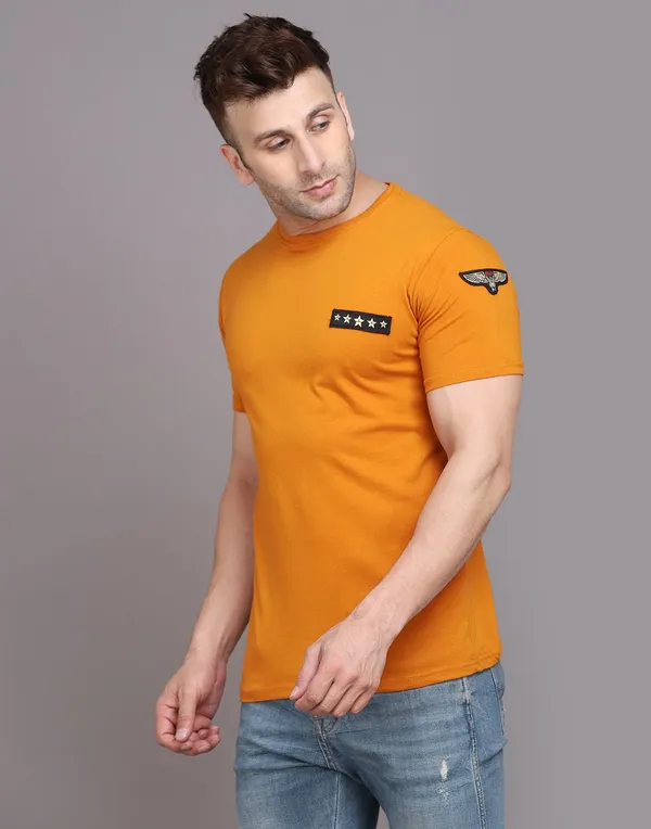 Mustard_Cotton_Blend_Round_Neck_Half_Sleeve_T-Shirt_For_Men
