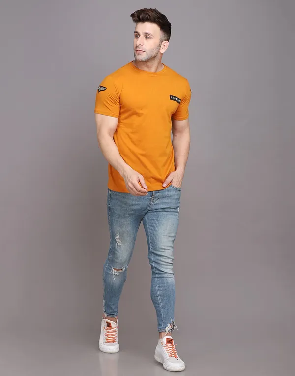 Mustard_Cotton_Blend_Round_Neck_Half_Sleeve_T-Shirt_For_Men