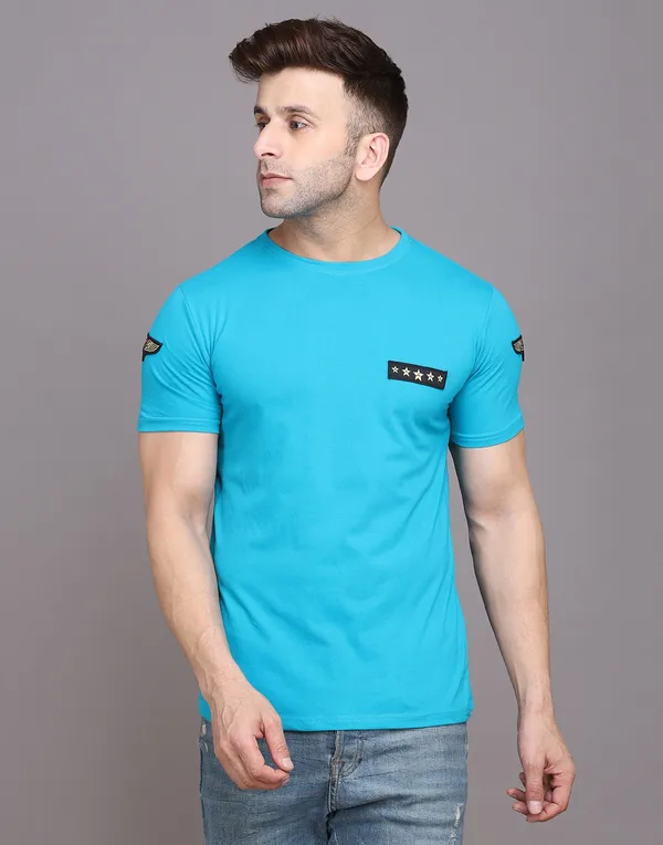 Turquoise_Cotton_Blend_Round_Neck_Half_Sleeve_T-Shirt_For_Men