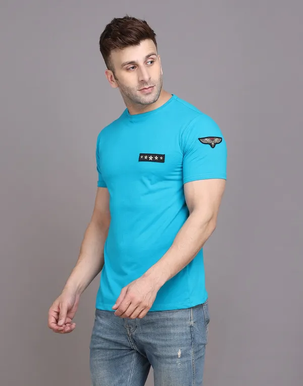 Turquoise_Cotton_Blend_Round_Neck_Half_Sleeve_T-Shirt_For_Men