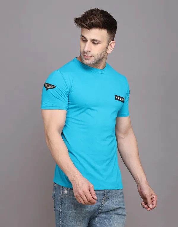 Turquoise_Cotton_Blend_Round_Neck_Half_Sleeve_T-Shirt_For_Men