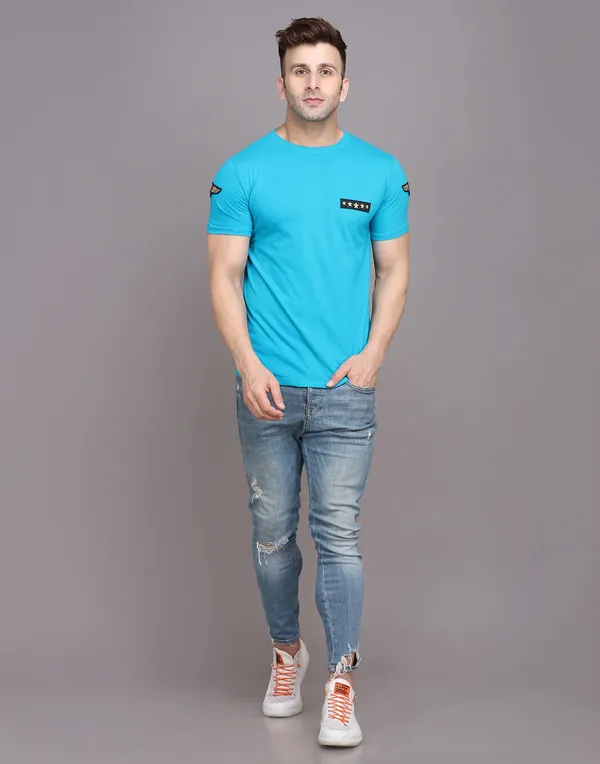 Turquoise_Cotton_Blend_Round_Neck_Half_Sleeve_T-Shirt_For_Men