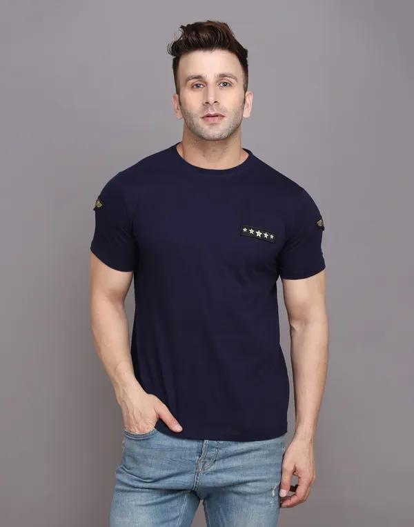 Dark_Blue_Cotton_Blend_Round_Neck_Half_Sleeve_T-Shirt_For_Men