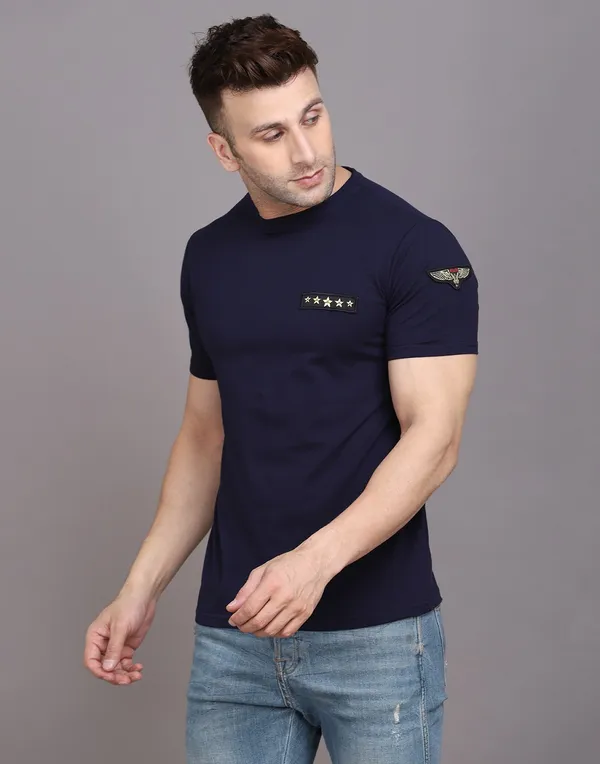 Dark_Blue_Cotton_Blend_Round_Neck_Half_Sleeve_T-Shirt_For_Men