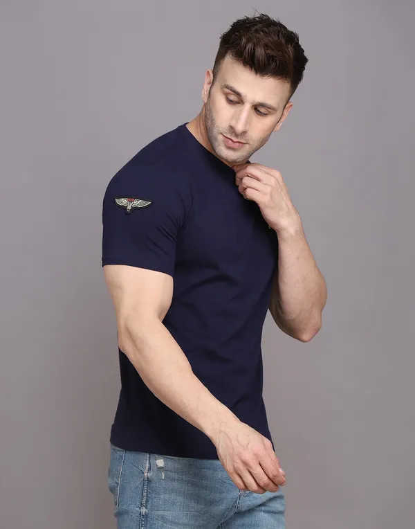 Dark_Blue_Cotton_Blend_Round_Neck_Half_Sleeve_T-Shirt_For_Men