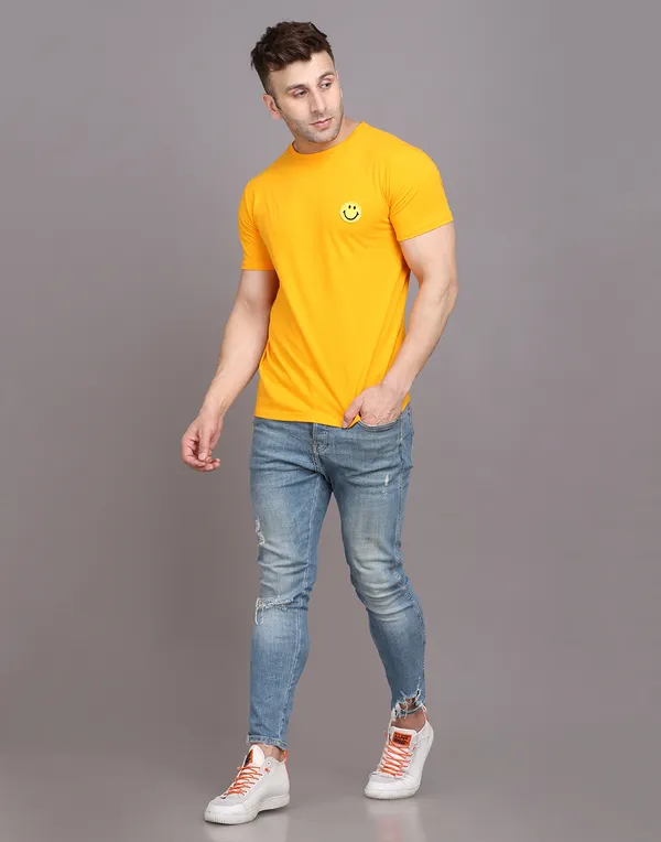 Yellow_Cotton_Blend_Round_Neck_Half_Sleeve_T_Shirt_For_Men
