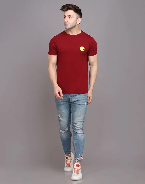 Maroon_Cotton_Blend_Round_Neck_Half_Sleeve_T_Shirt_For_Men