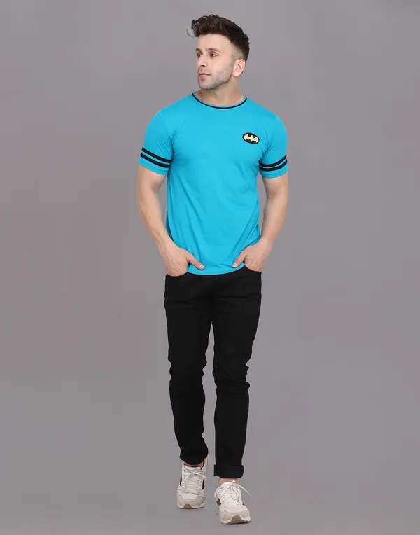Turquoise_Cotton_Blend_Round_Neck_Half_Sleeve_T_Shirt_For_Men