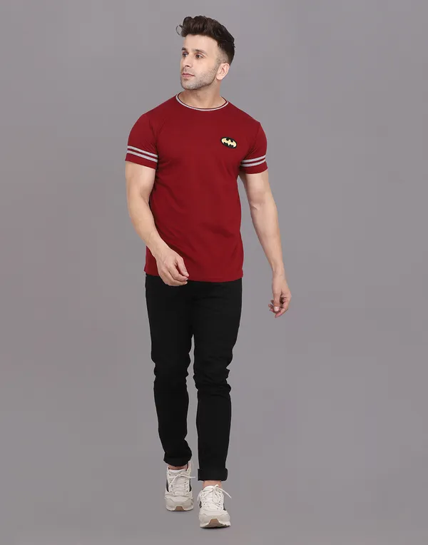 Maroon_Cotton_Blend_Round_Neck_Half_Sleeve_T_Shirt_For_Men