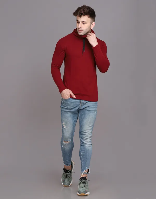 Maroon_Cotton_Blend_Hooded_Neck_Full_Sleeve_T_Shirt_For_Men