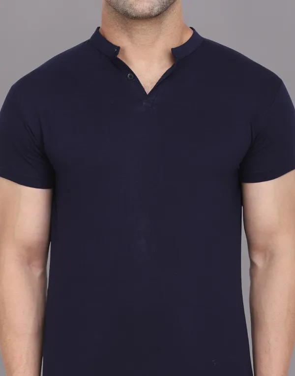 Dark_Blue_Cotton_Blend_Mandarin_Collar_Half_Sleeve_T_Shirt_For_Men