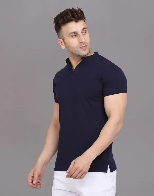 Dark_Blue_Cotton_Blend_Mandarin_Collar_Half_Sleeve_T_Shirt_For_Men