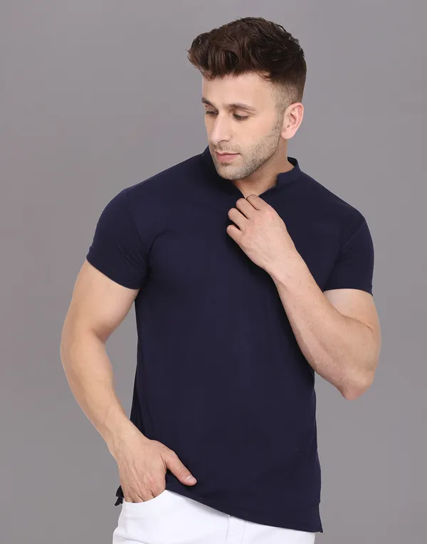 Dark_Blue_Cotton_Blend_Mandarin_Collar_Half_Sleeve_T_Shirt_For_Men