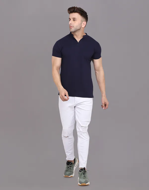 Dark_Blue_Cotton_Blend_Mandarin_Collar_Half_Sleeve_T_Shirt_For_Men
