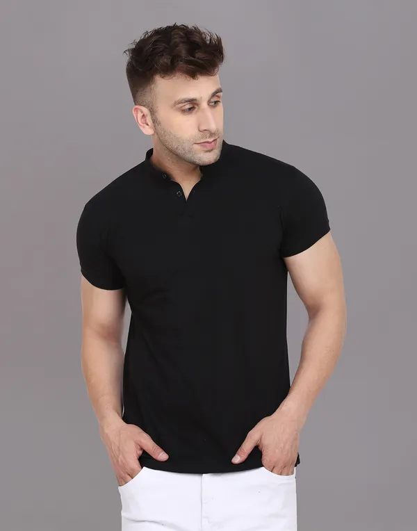 Black_Cotton_Blend_Mandarin_Collar_Half_Sleeve_T_Shirt_For_Men
