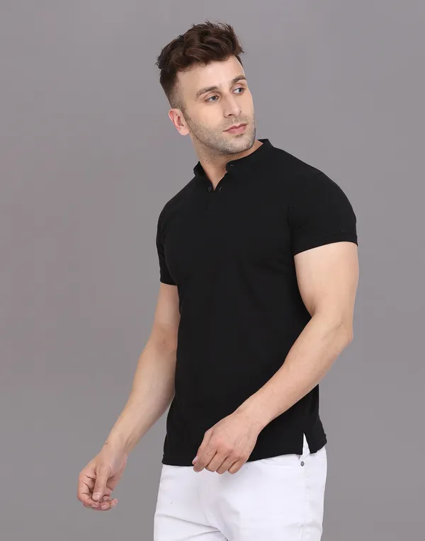 Black_Cotton_Blend_Mandarin_Collar_Half_Sleeve_T_Shirt_For_Men