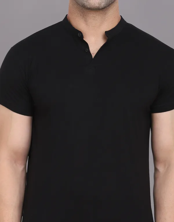 Black_Cotton_Blend_Mandarin_Collar_Half_Sleeve_T_Shirt_For_Men