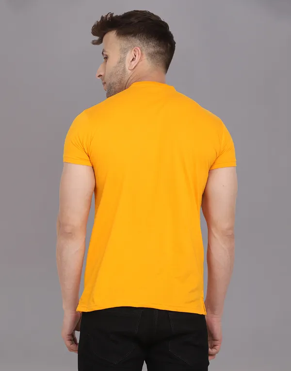 Yellow_Cotton_Blend_Mandarin_Collar_Half_Sleeve_T_Shirt_For_Men