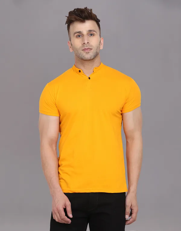 Yellow_Cotton_Blend_Mandarin_Collar_Half_Sleeve_T_Shirt_For_Men